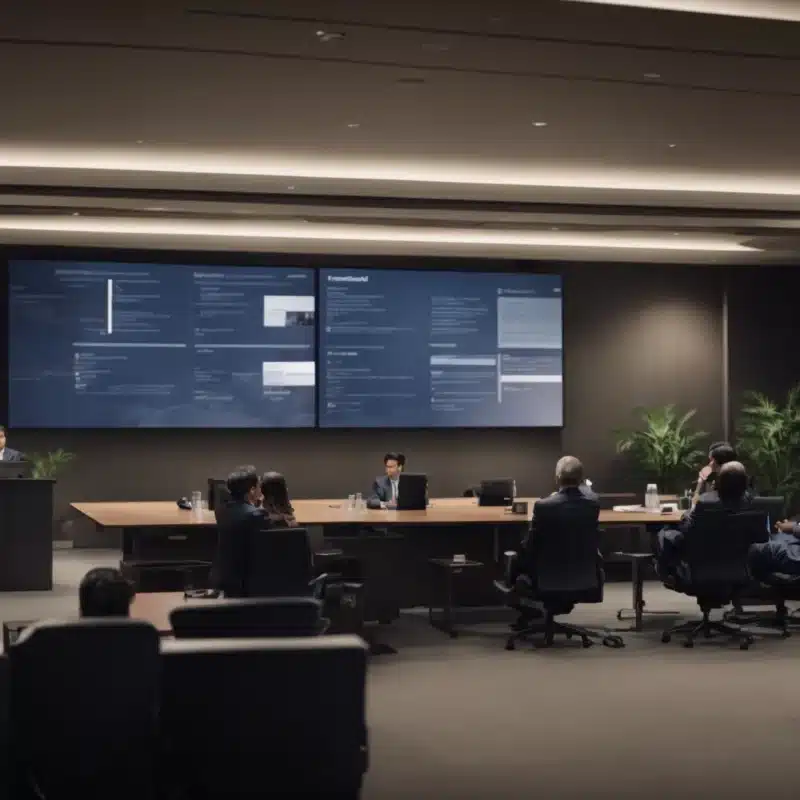 a conference room with a large screen displaying a facebook interface, surrounded by attentive professionals with notebooks.