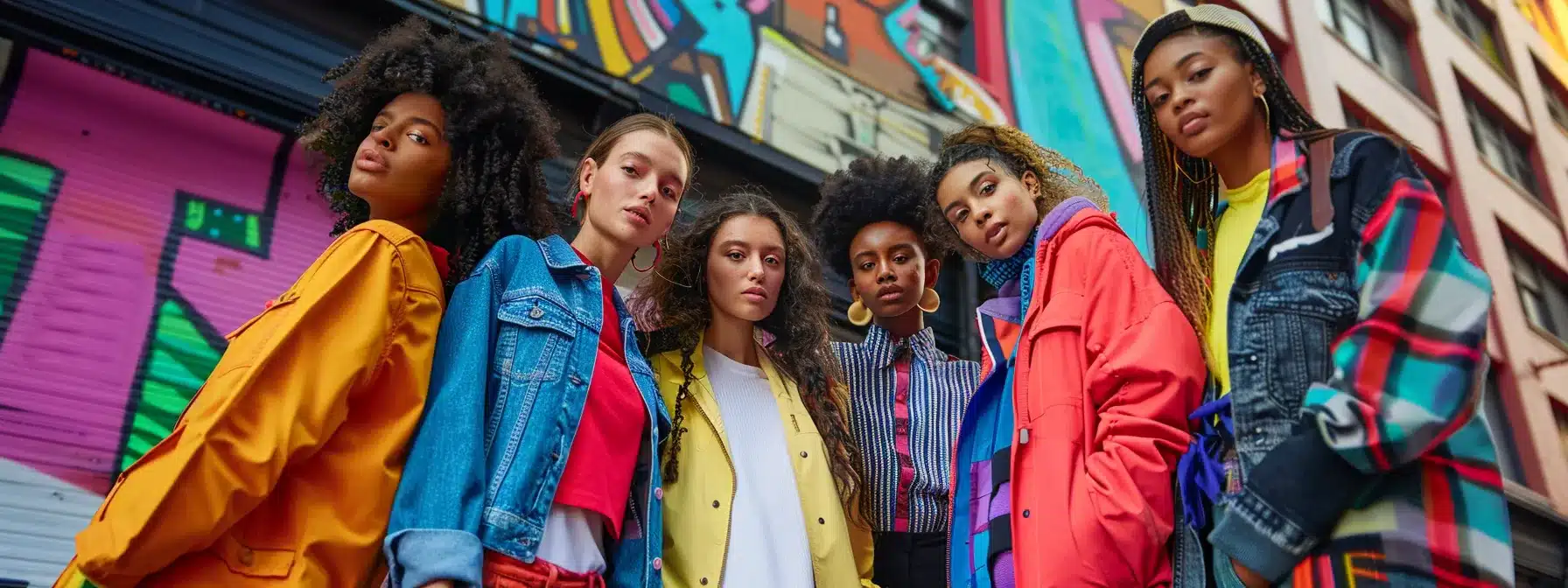 a diverse group of influencers wearing the brand's latest collection, posing in front of a colorful urban backdrop.