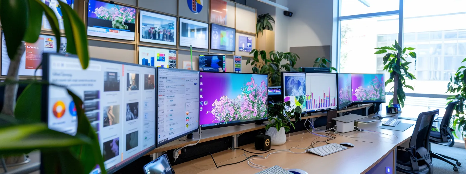 a bright, modern office setting with multiple screens displaying personalized ads, data analytics charts, a/b test results, and tailored ad previews on different devices, showcasing dynamic ad optimization strategies in action.