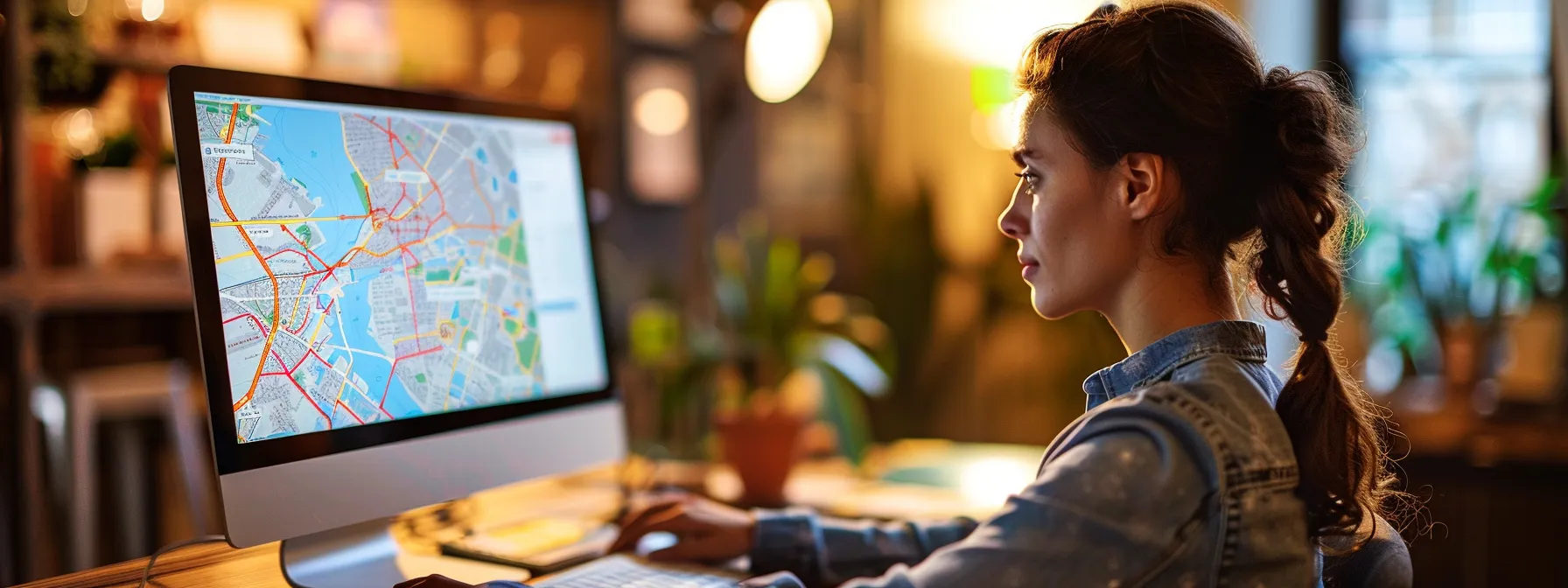 a business owner sitting at a computer, selecting specific locations on a digital map in facebook ads manager to target for a local campaign.