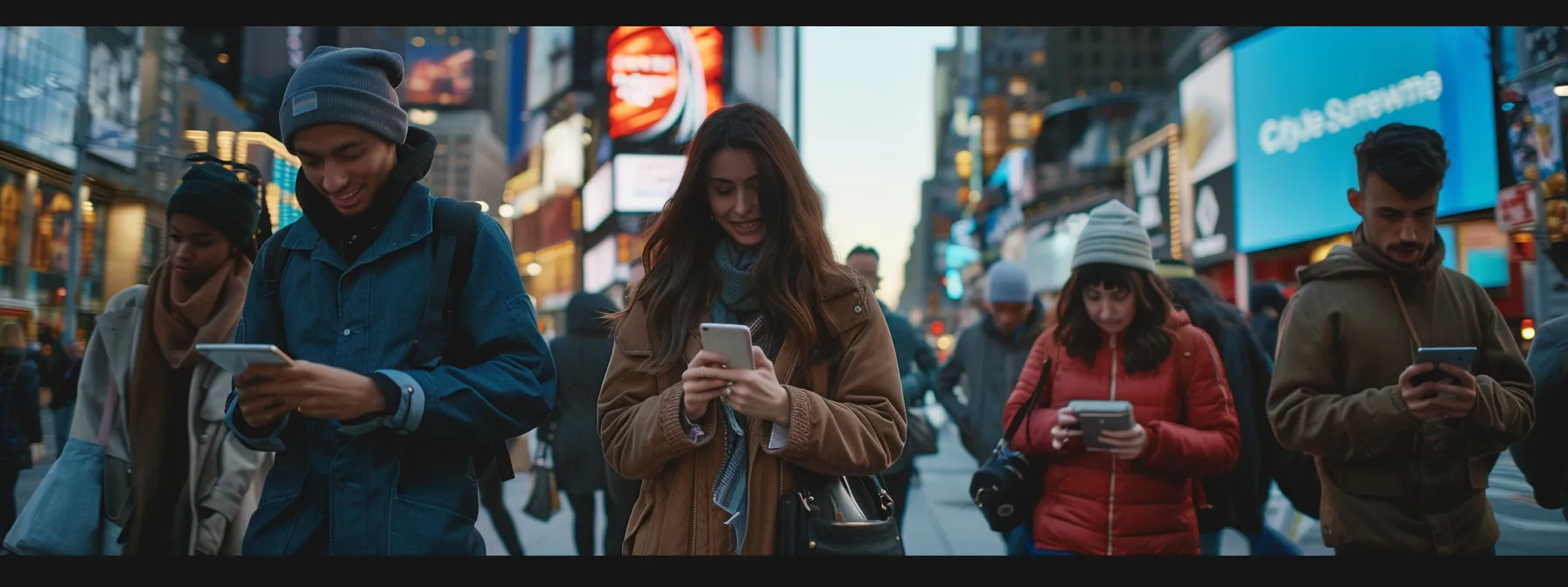 a diverse group of people engaging with targeted ads on their devices in a bustling city center.