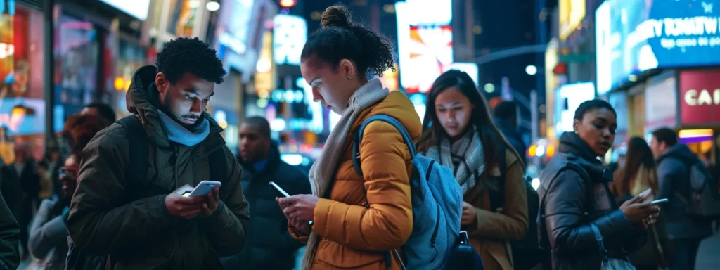 a diverse group of people interacting with targeted ads on various electronic devices in a bustling urban setting.