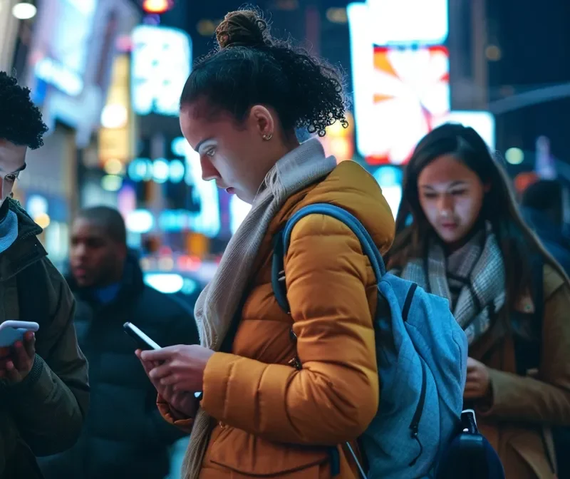 a diverse group of people interacting with targeted ads on various electronic devices in a bustling urban setting.