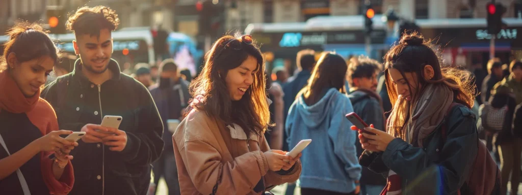 a diverse group of people interacting with personalized ads on their smartphones in a bustling city square.