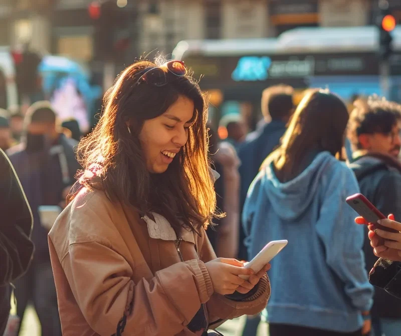 a diverse group of people interacting with personalized ads on their smartphones in a bustling city square.