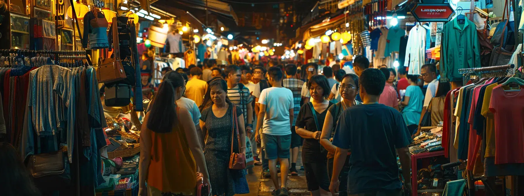 a diverse group of people shopping for clothing and tools in a bustling market.