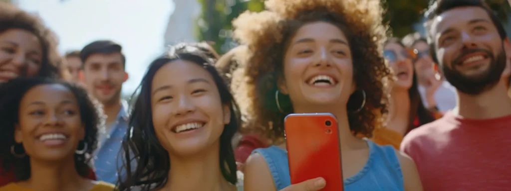 a diverse group of people smiling and engaging with a variety of engaging and colorful facebook ads on their phones.