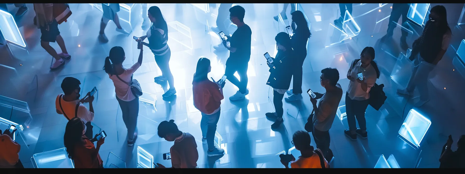 a group of diverse individuals holding smartphones, surrounded by a translucent shield symbolizing privacy, as they navigate through a digital maze of data.