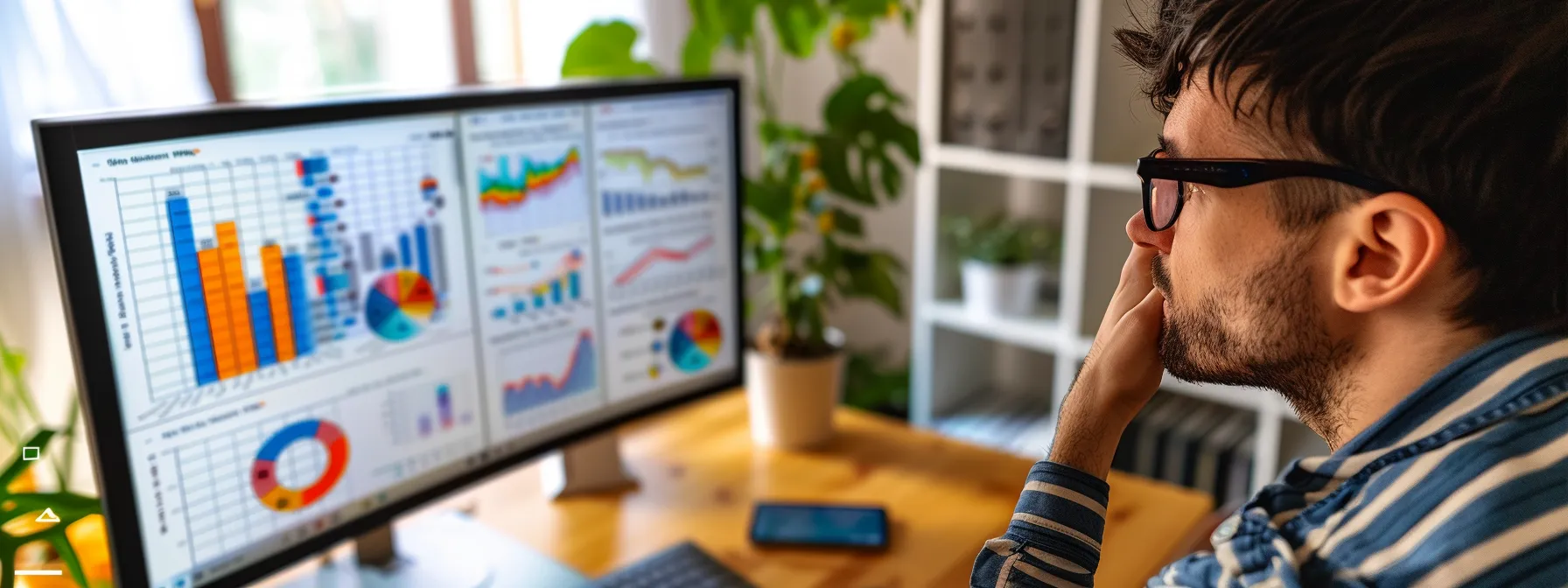 a marketer closely examining a computer screen displaying various performance metrics and behavioral segments for facebook ad campaigns.