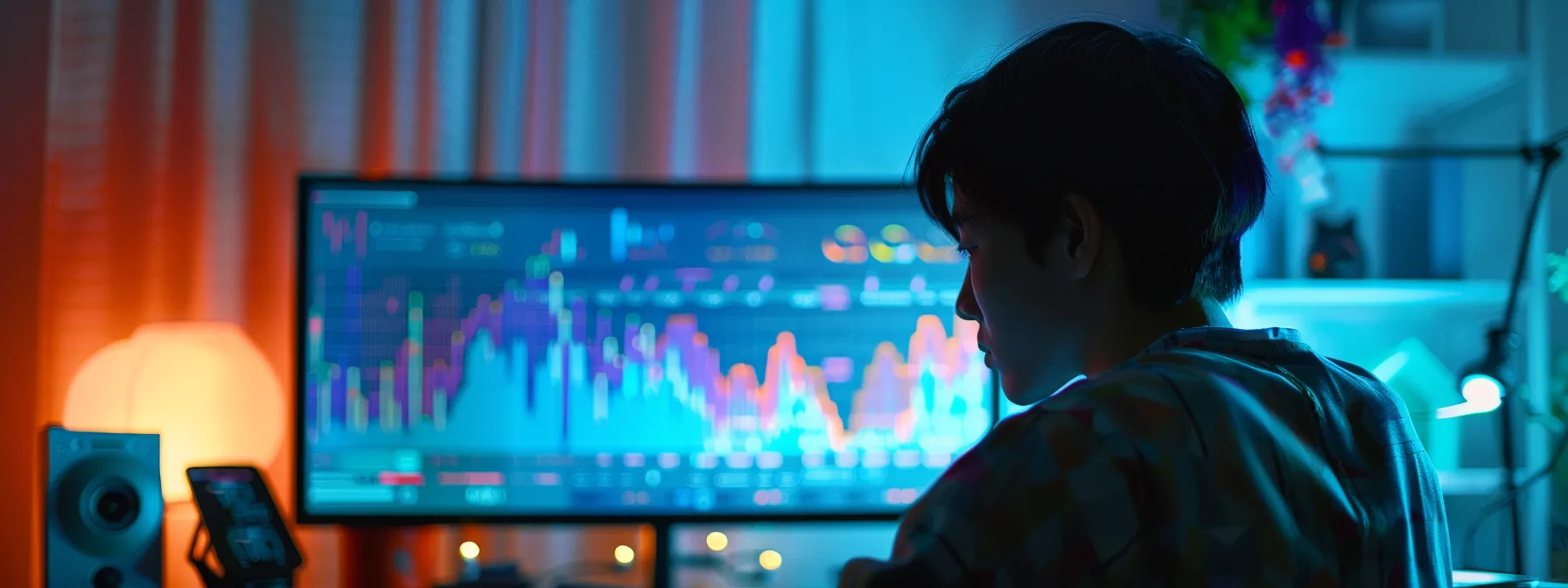 a person analyzing a detailed graph of ad performance metrics on a computer screen, adjusting targeting strategies for maximum impact.