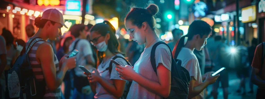 a street crowded with diverse individuals interacting with their smartphones, each showing a targeted facebook ad based on their location.