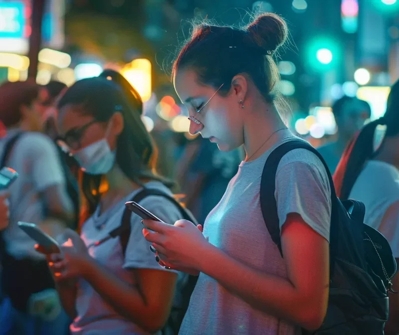 a street crowded with diverse individuals interacting with their smartphones, each showing a targeted facebook ad based on their location.