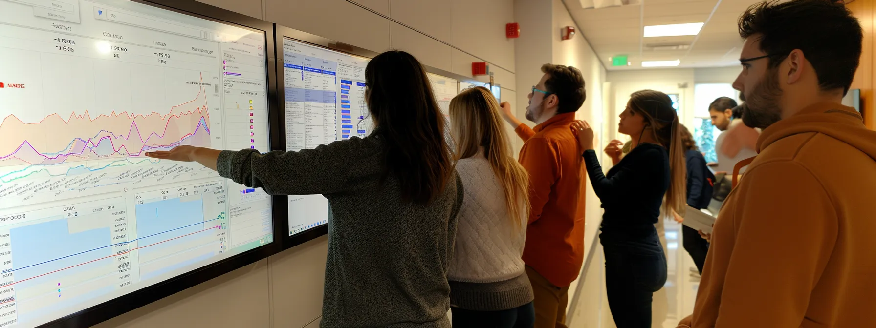 a team of analysts studying a wall of colorful graphs and charts, monitoring user data to shape advertising strategies for facebook.