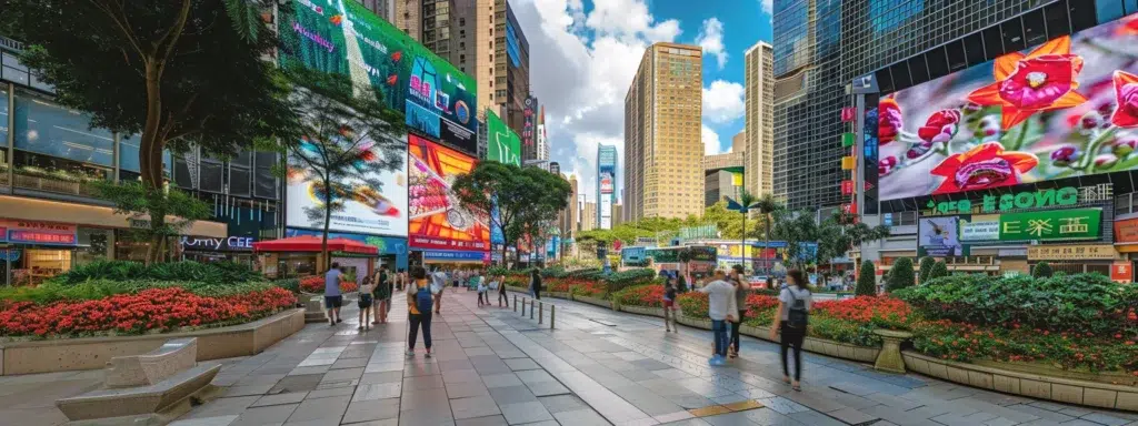 vibrant, eye-catching digital ads displayed on screens of various sizes in a bustling city square.