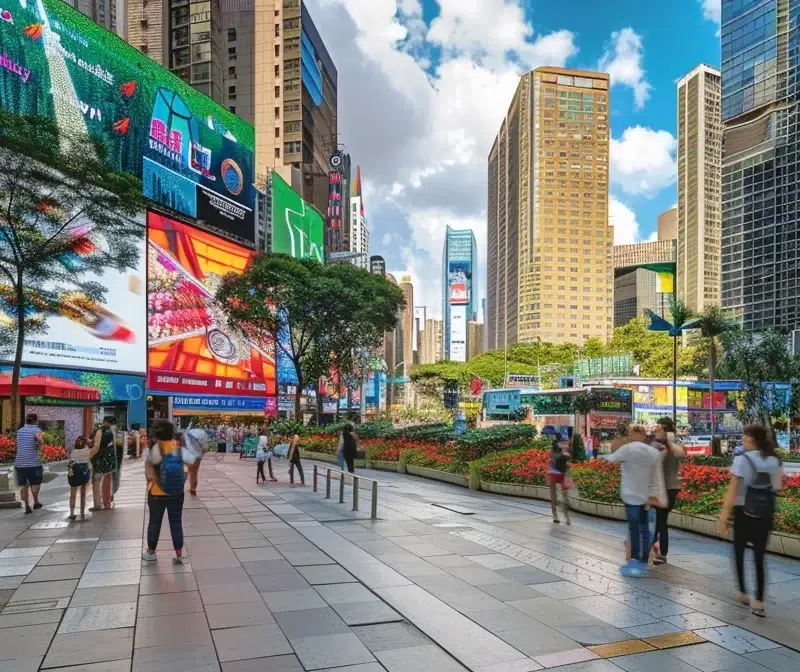 vibrant, eye-catching digital ads displayed on screens of various sizes in a bustling city square.